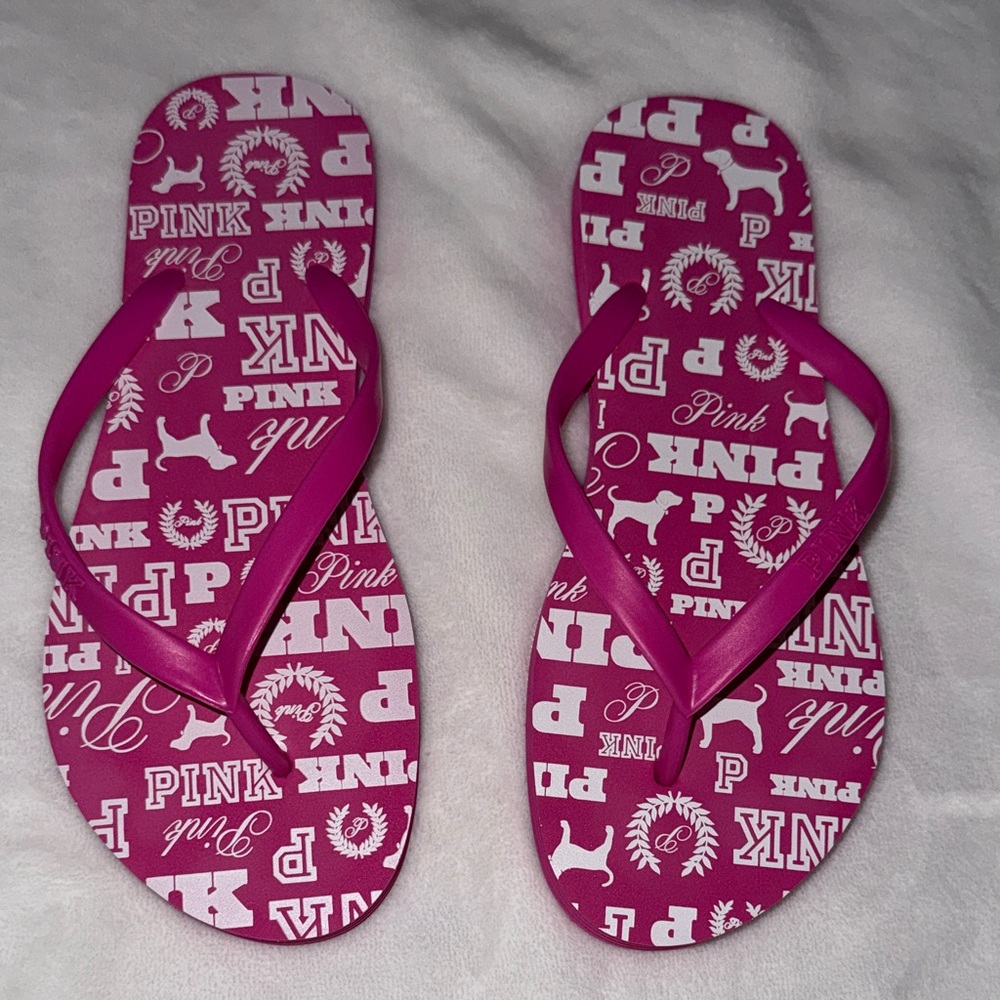 PINK Victoria's Secret Fuchsia Logo Print Flip Flops